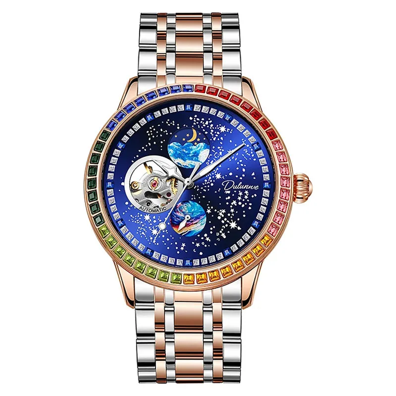 Fashion Brand Mechanical Watch Men's Automatic Watch Men's Sun Moon Stars Night Glow Leather Waterproof Clock Relogios Masculino