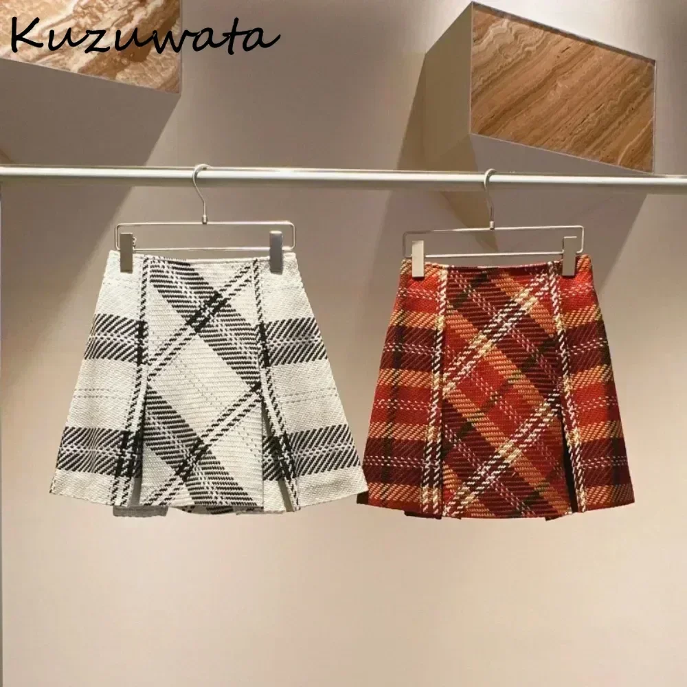 Kuzuwata New Fashion Personalized High Waist Faldas Plaid Slim Flare All-match Casual Mujer Faldas Japan Ruched Luxury Skirts