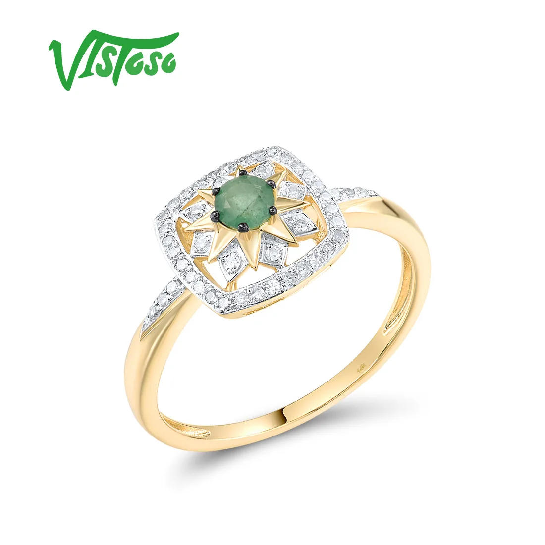 VISTOSO Genunine 14K 585 Yellow Gold Ring For Women Sparkling Diamond Emerald Delicate Square Wedding Engagement Fine Jewelry