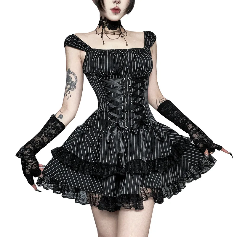 Vestido Lolita Gótico de Estilo Oscuro con Falda de Volantes a Rayas, Subcultura Japonesa Y2K, Streetwear Alternativo, Vestido de Capas, Cómodo de Usar