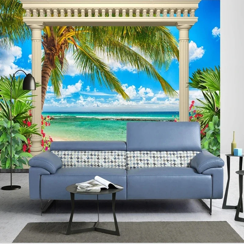 Custom Wallpaper Poster Roman Column Beach Sea View 3D Mural For Living Room TV Sofa Home Decor Background Wall Cloth Fresco