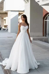 Vestidos de casamento vintage com pescoço pérola, simples plissado, cetim elegante, fora do ombro, vestidos nupciais, vestido de noiva sem mangas, 2024