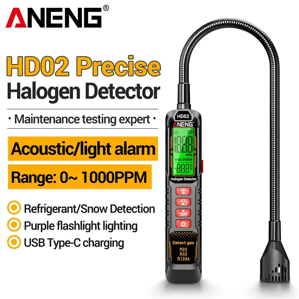 ANENG HD02 Portable Refrigerant Leak Detector 1PPM Resolution LCD Backlight Flashlight Gooseneck Hose HVAC AC Maintenance Tool