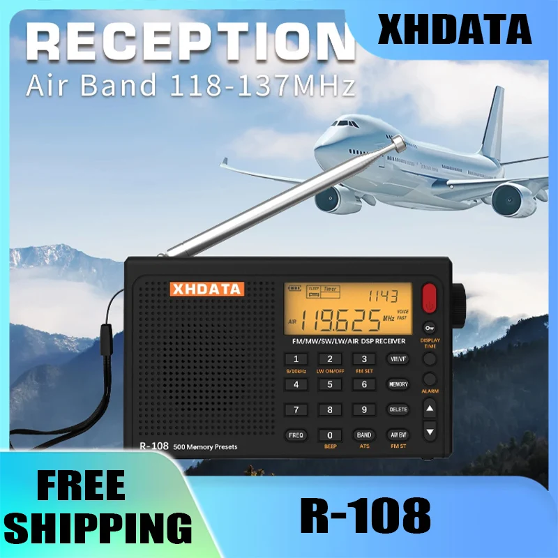 

XHDATA R-108 Portable Radio AM FM SW LW Airband DSP Multiband Receiver with Rechargeable Battery Alarm Clock 500 Memory Antenna