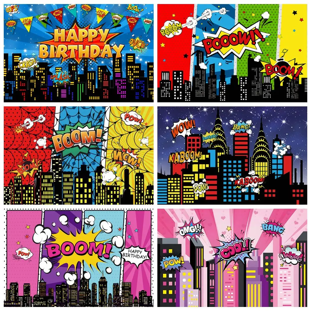 

Superhero City Building Backdrop Comics Boom Super Hero Baby Shower Kids Birthday Party Photography Background Decor Photostudio