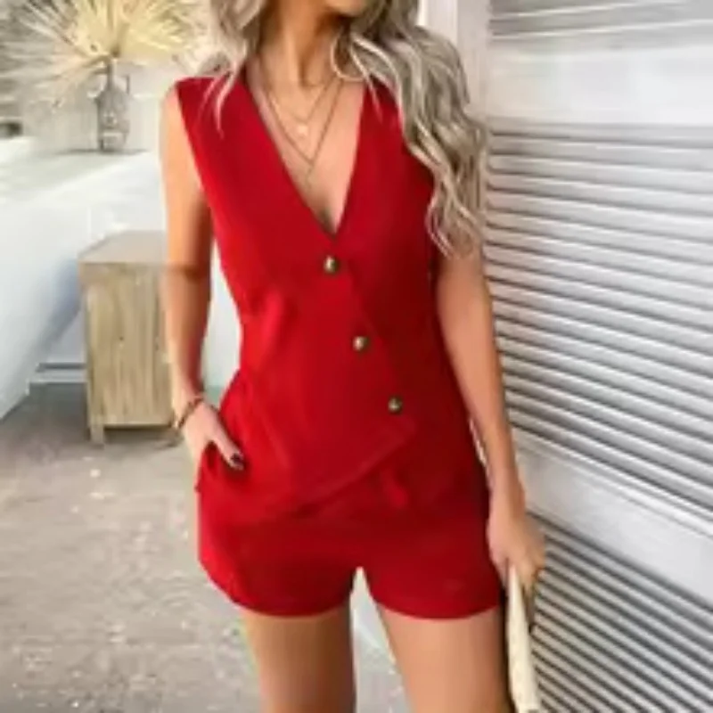 Conjunto de pantalones cortos y chaleco liso elegante para mujer, Top sin mangas + pantalones cortos ajustados de cintura alta, conjunto informal de 2 piezas para oficina para mujer