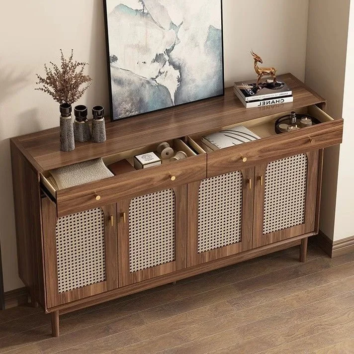 Medieval rattan shoe cabinet, solid wood, simple living room, breathable storage locker