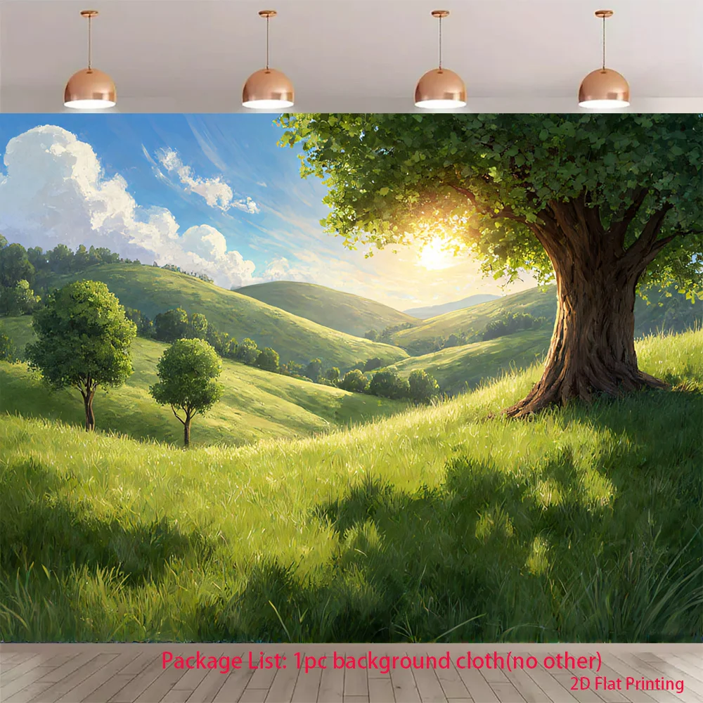 Green Meadow Landscape Tapestry, Big Tree Hills Wall Hanging for Living Room Bedroom Decor, Nature Scenery Art Gift