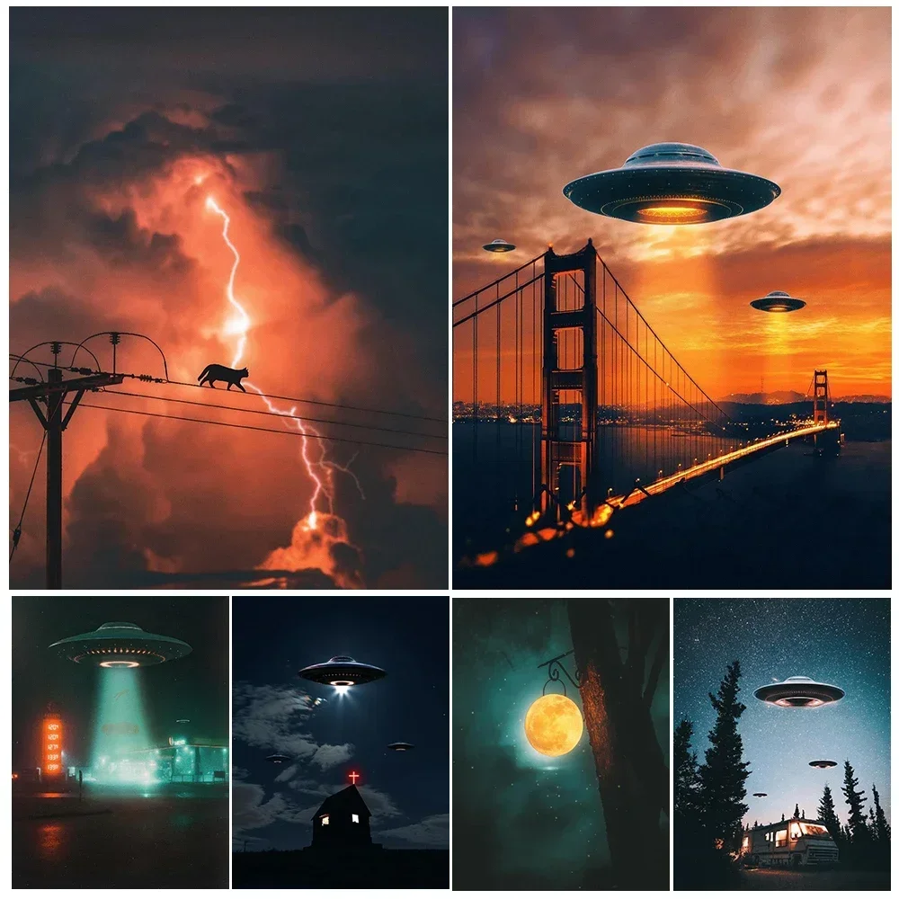 Mysterious UFO Descends To Earth Retro Mural Canvas Painting Ufu Alien Event Art Poster Printing Home School Decoration