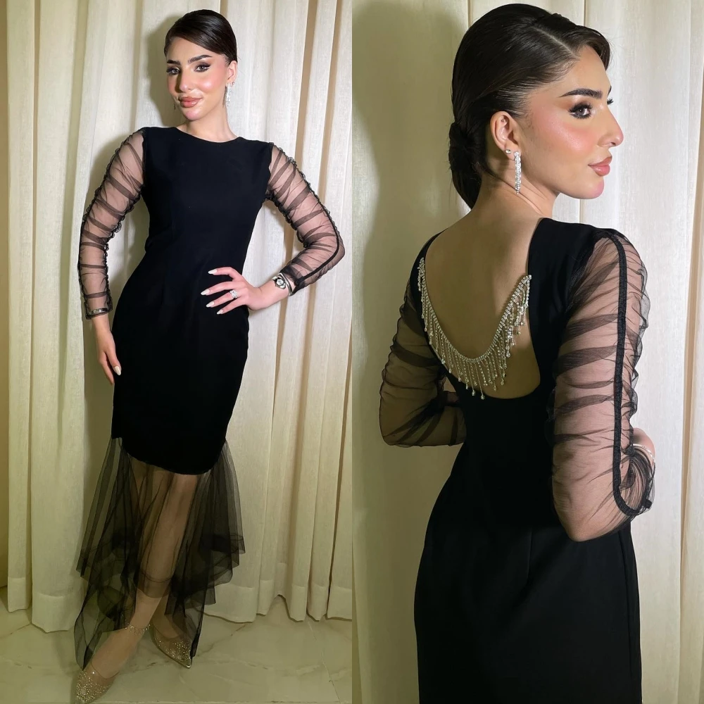 

Customized Jersey Tassel Engagement Sheath O-Neck Bespoke Occasion Gown Midi Es Saudi Arabia