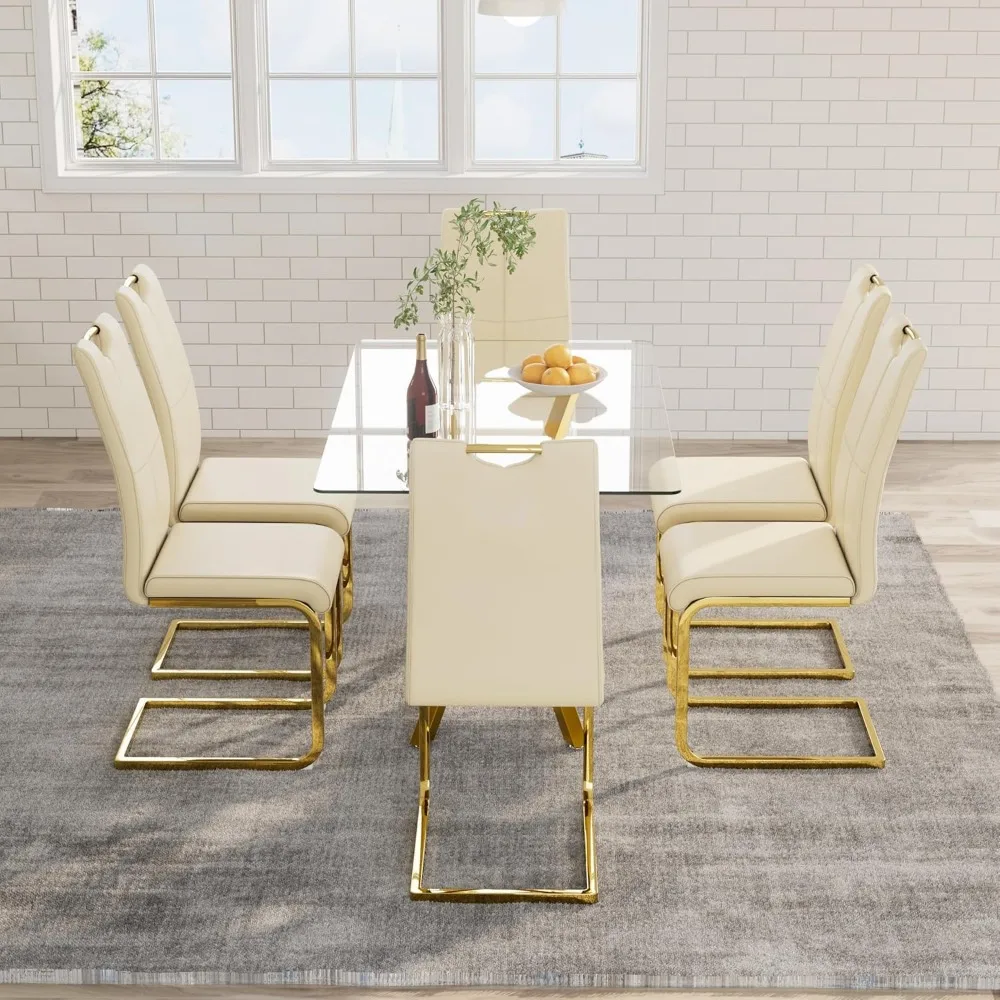 

7-Piece 47 Dining Table with 6 PU Leather Chairs, Modern Dining Table Set for 6, Rectangle Kitchen Table with Golden Metal Legs