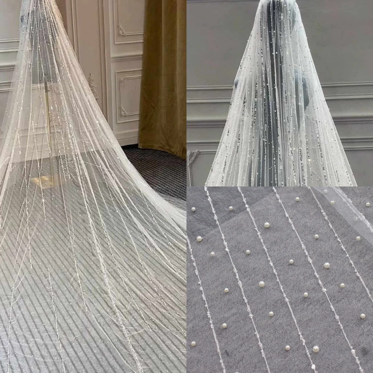 Exquisite Wedding Veil Pearls Sequins One Layer Long Chapel Length Veils Bead Edge Velo De Cabeza For Bride Voile Castle