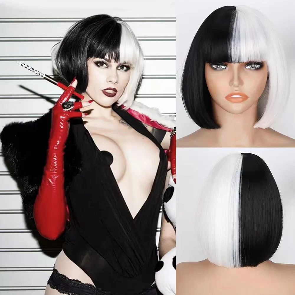 

Short Synthetic Hair Cosplay with Neat Bang Black White Wig for Women Halloween Costume