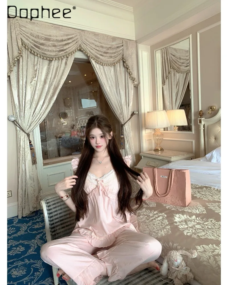 French Pure Desire Girl Pajamas V-shaped Lace Collar Xiaofei Suspender Lotus Leaf Sleeve Trousers Two-piece Set Women's Homewear