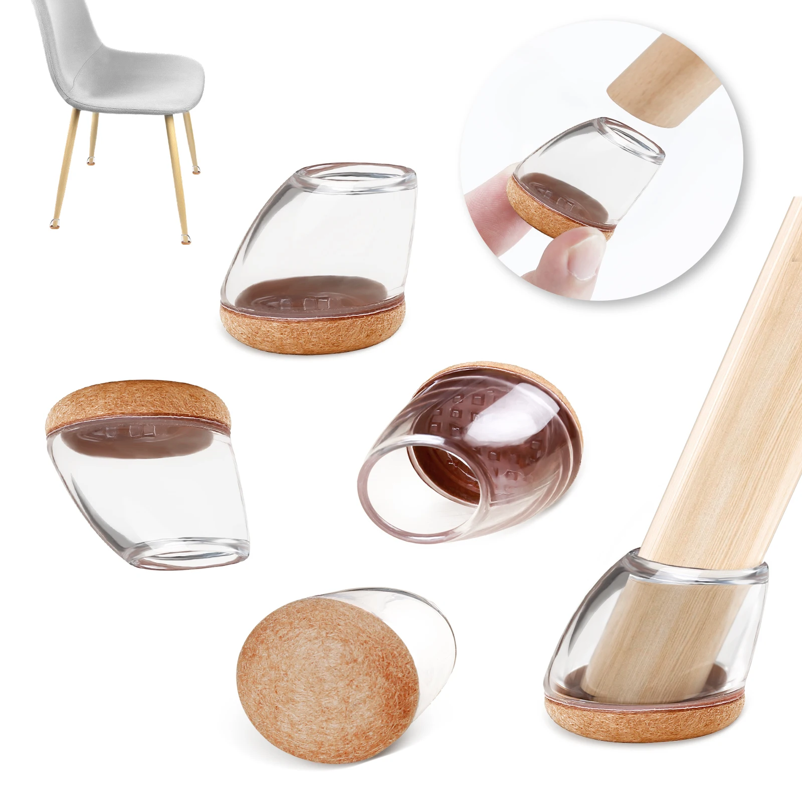 16PCS Silicone Chair Leg Floor Protectors with Felt Non-Slip 15~25° Slanted Furniture Leg Caps to Protect Hardwood Floor