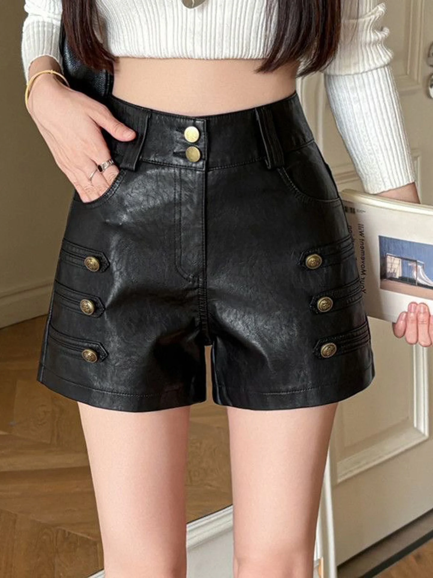 American Style Workwear PU Leather Shorts Women High Waist Slimming INS Fashion A-Line Wide Leg Boot Pants Casual Trousers