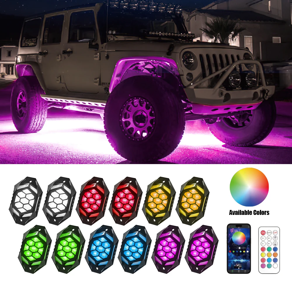 

Wholesale Price IP68 Waterproof 4 Pods 8pods APP Control Led Rock Light Blue-tooths Rgb Led Rock Lights for Offroad