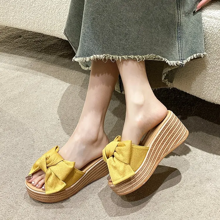 2023 Summer New Platform Wedge Slippers Women\'s Shoes Bow Decorative Clogs Fabric Light Simple Style Sandals Wedges