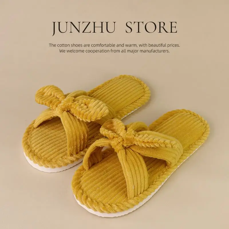 2026 Winter Süße Schleifenknoten-Hausschuhe für Damen, Trendige Cord-Baumwoll-Pantoffeln, EVA Rutschfeste Wohnzimmer-Schuhe, Flach – Detail 4