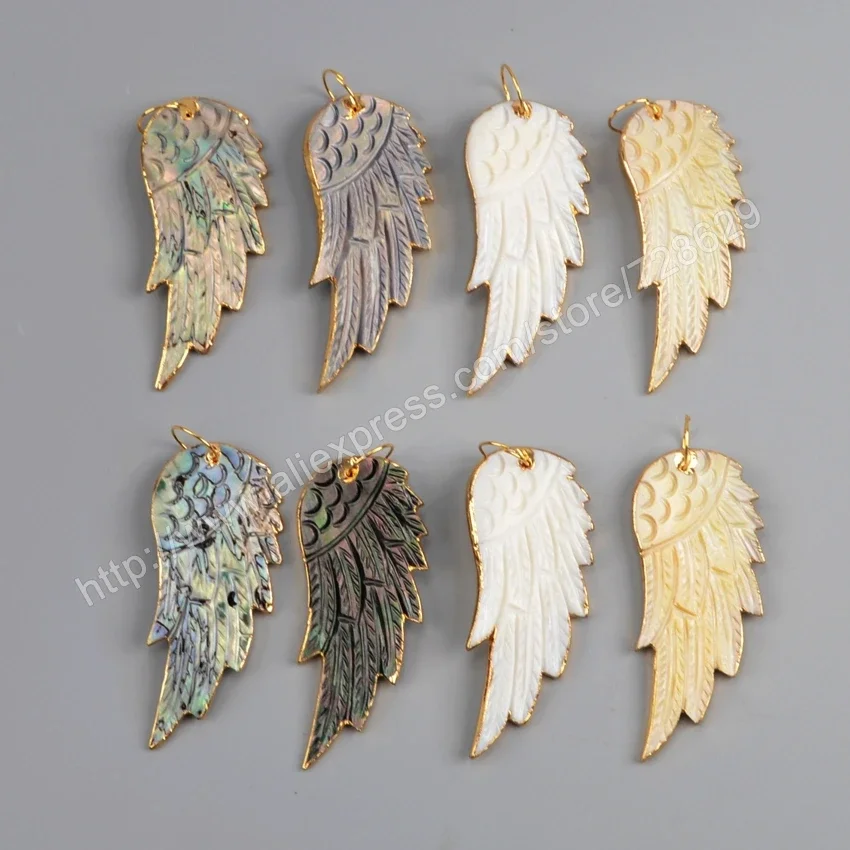 Unique Gold Plated Natural Rainbow Shell Carved Wing Charm For Necklace Making Natural Shell Jewelry Accessories