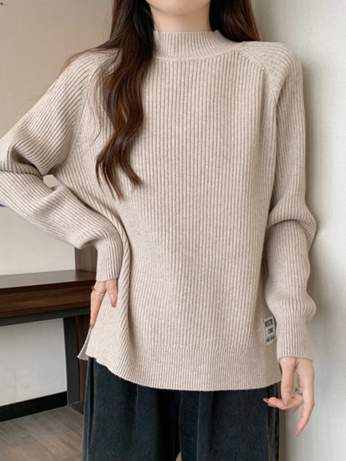 Suéter Hoado de Punto para Mujer, Otoño Invierno, Cuello Medio Alto, Felpa, Talla ande, Cseta Base, Cubre el Abdomen, ...