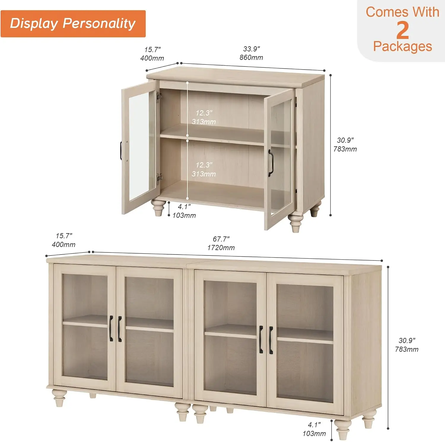 Wood Storage Sideboard Buffet Cabinet Collection Featuring Vintage Gourd Legs And Clear Glass Doors For Kitchen Dining Room Living Room Accent Furniture Display, Light Oak