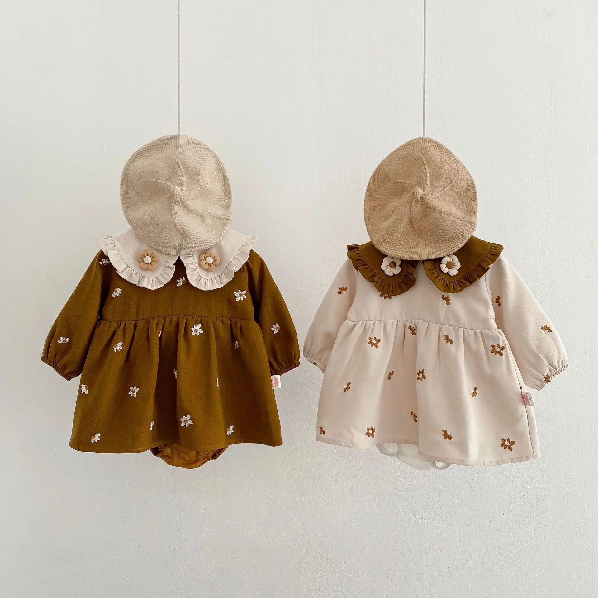 Newborn Baby Girl Romper Dress Frill Doll Collar Infant Toddler Flower Embroidery Longsleeve Jumpsuit Loose Baby Clothes 3-24M