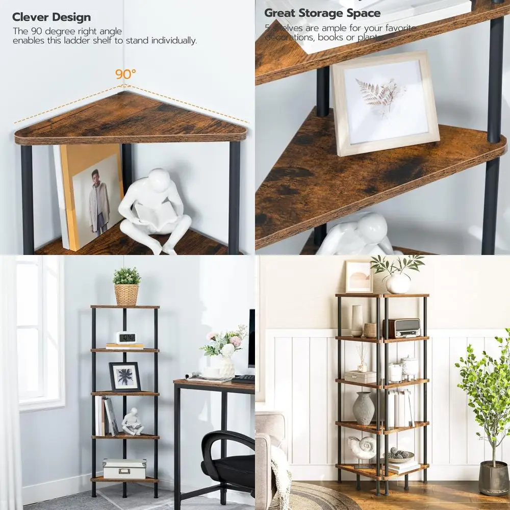 

5-Tier Industrial Metal Corner Shelf - Rustic Brown Bookcase for Compact Spaces, Ideal for Home Decor