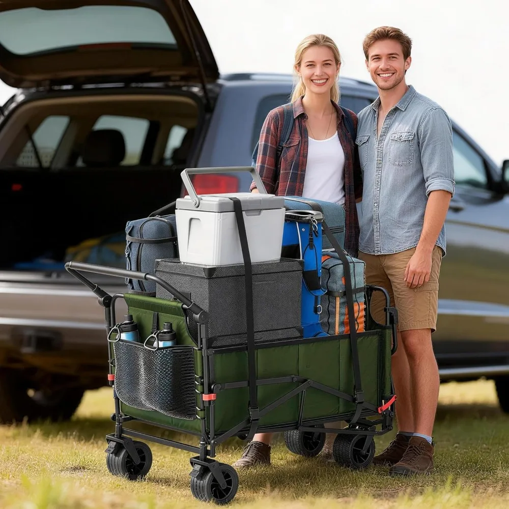 

Heavy Duty Folding Wagon, 2-in-1 Collapsible Cart, 650lb Capacity, All-Terrain Wheels w/Brakes & Side Pockets, Customized