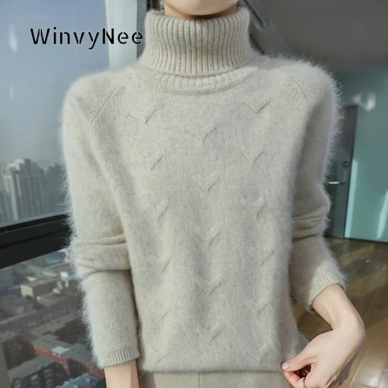 WinvyNee Women High Neck Jumper Mink Velvet Geometric Stitch Brushed Fabric Soft Top Chic Apparel Casual Layered Wear  ZA1248048