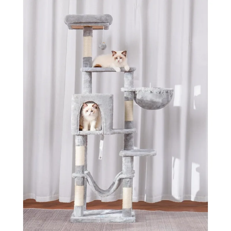 Cat Tree with Large Hammock, Multi-Level Cat Tower for Indoor Cats, Cat Condo with Sisal-Covered Scratching Posts and Top Perch