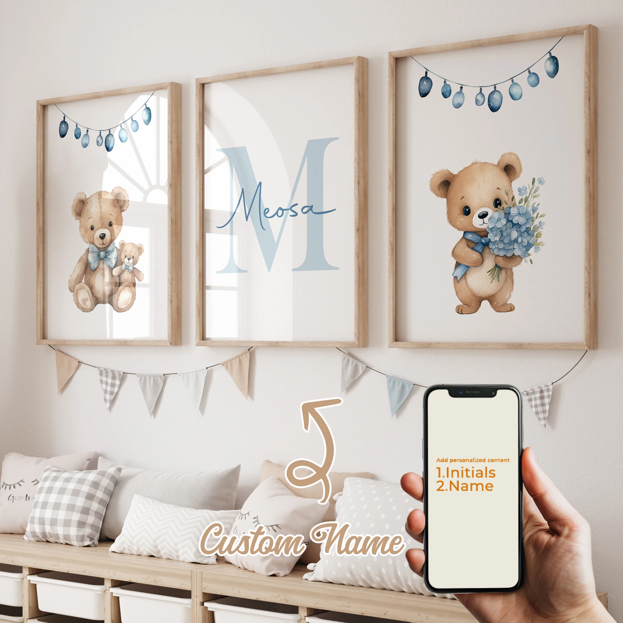 

3pcs Blue Background Bear Name Customization Gift Wall Art Prints Canvas Painting Poster Picture For Living Bed Room Home Decor