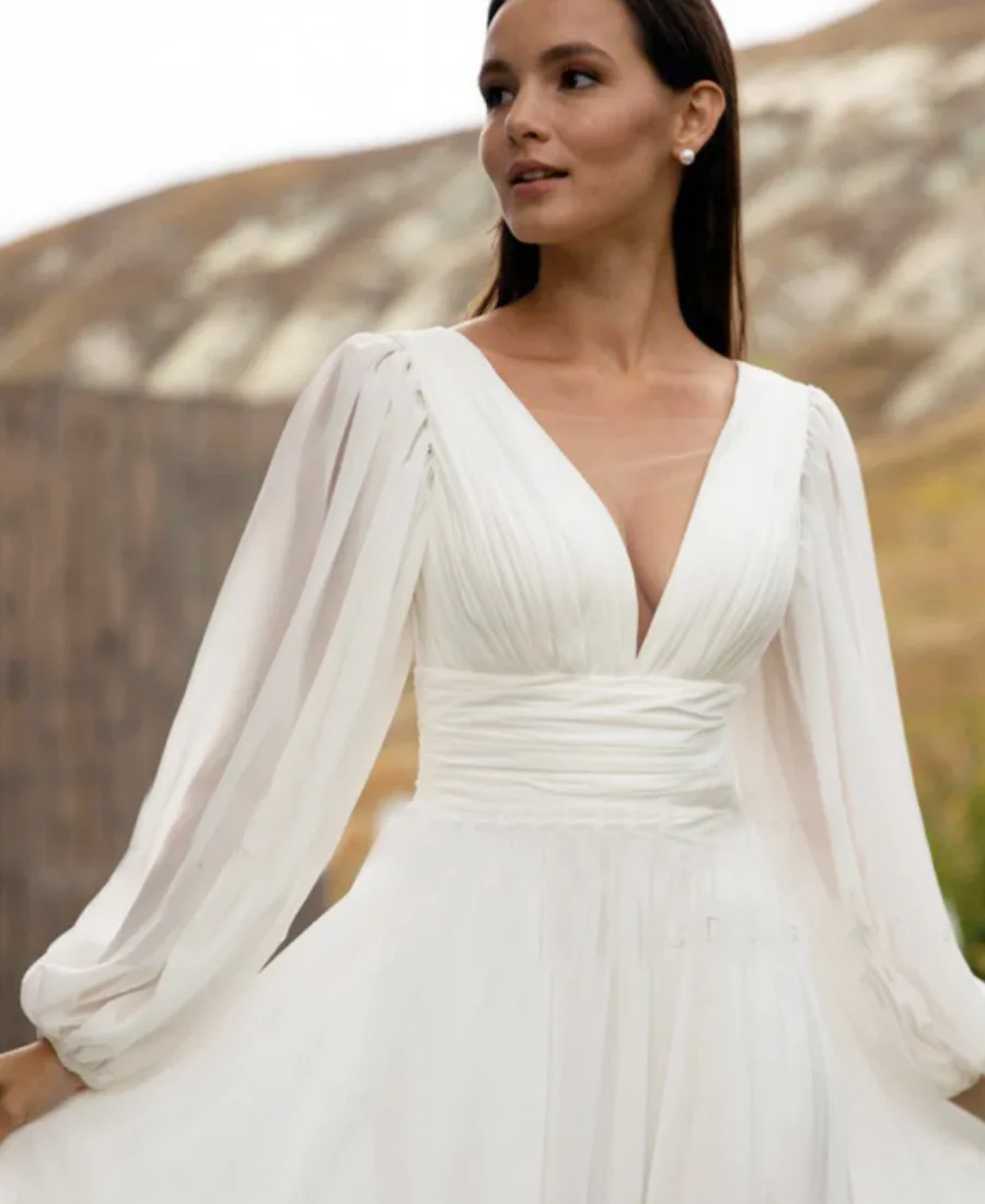 Een Lijn Rugloze Strandbruid Jurk Sweep Trein Chiffon Robe De Mariée Vestidos Eenvoudige Pofmouw Trouwjurk Bruids Lang