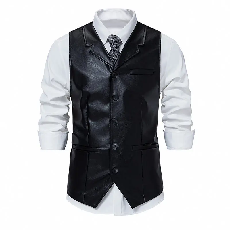 Men's suit vest cross-border Amazon PU retro lapel single breasted men's motorcycle vest leather vest