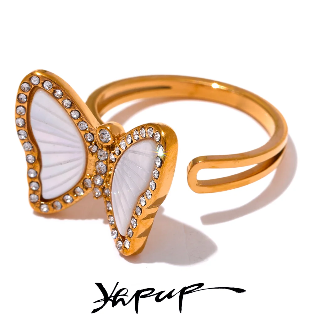 

Yhpup Exquisite Natural Shell CZ Stainless Steel Butterfly Ring Inlaid Cubic Zirconia Gold Color Fashion Jewelry Accessories
