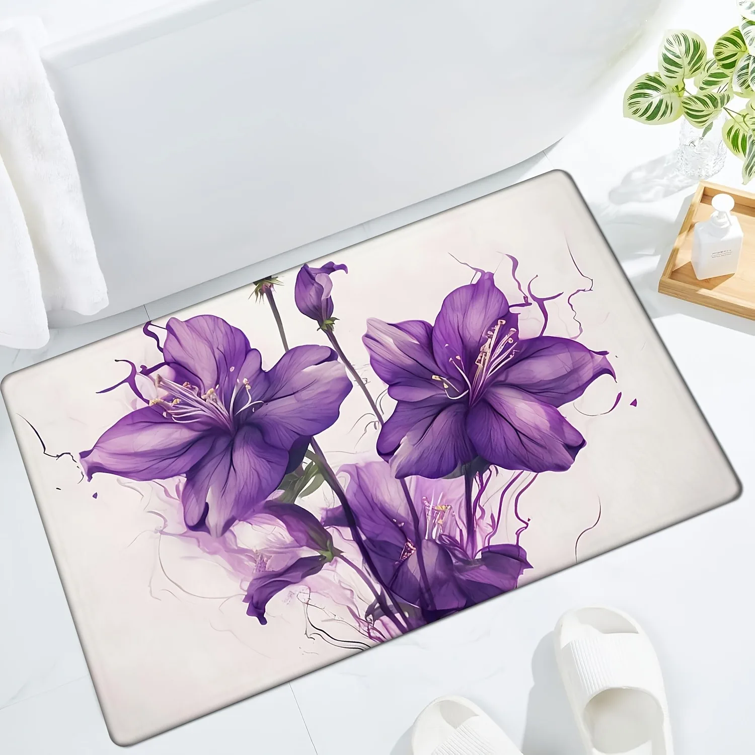 

1PC Purple Flowers Pattern Door Mats Kitchen Rugs Non-Slip Pop design Bathroom Rugs Bath Mat Carpet for Home Sink Laundry Decor