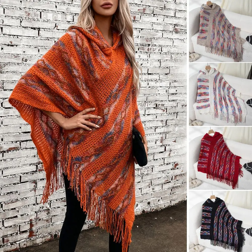 Women Sweater Colorful Striped Batwing Poncho Coat with Tassel Knitting Fashion Hooded Shawl Tops Asymmetric Hem Wrap for Women