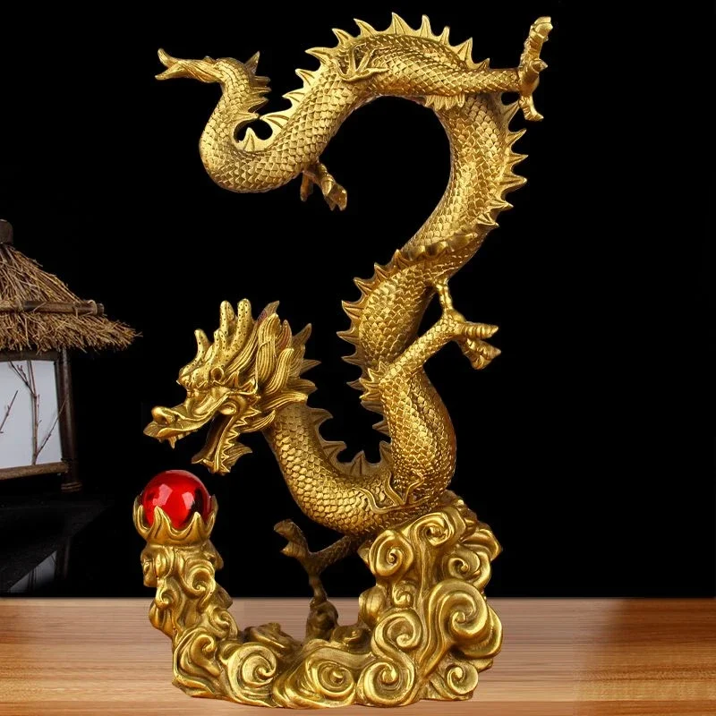 Zodiac Dragon Sculpture, Pure Copper Auspicious Dragon, Home Living Room Desk Office Decor Crafts Gold Wood Water Fire Soil, 1Pc