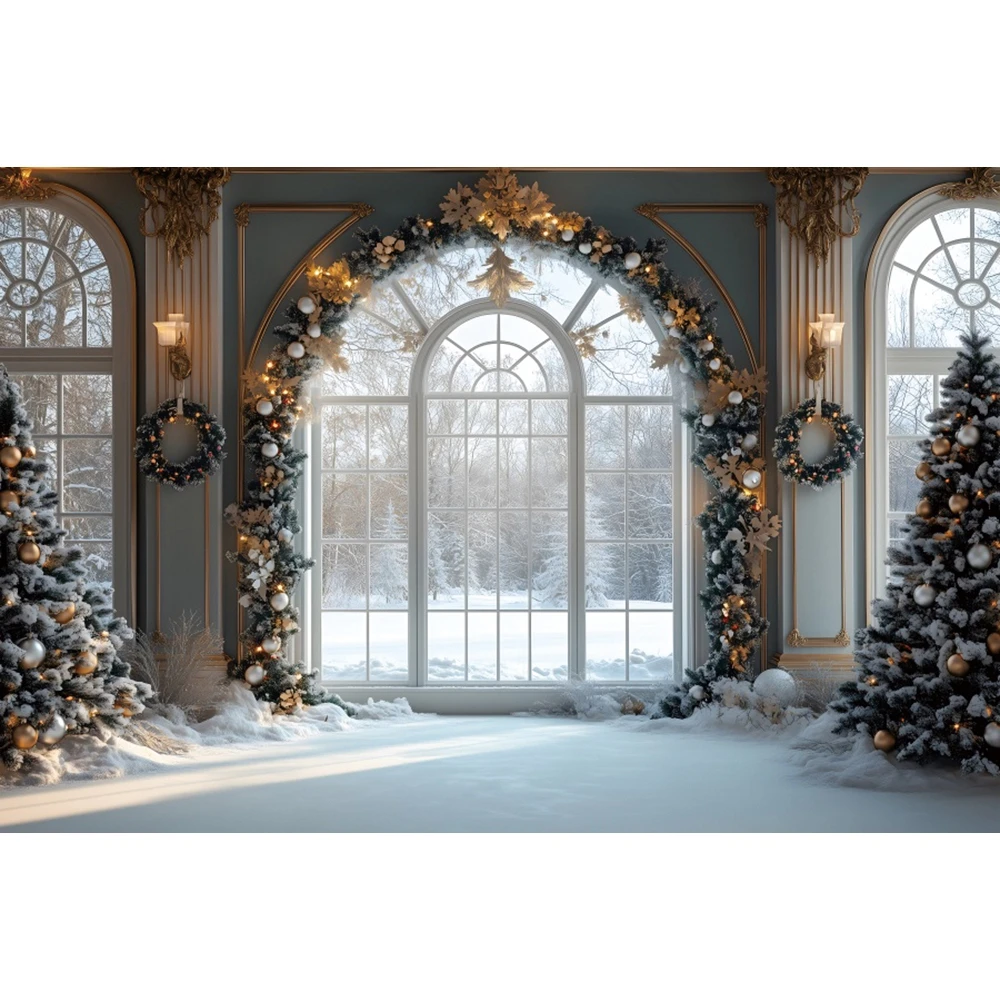 Winter Schnee Weihnachten Hintergrund Weihnachtsbaum Europäischen Fenster Weihnachten Erwachsene Kinder Porträt Fotografie Hintergrund Dekor Foto Studio