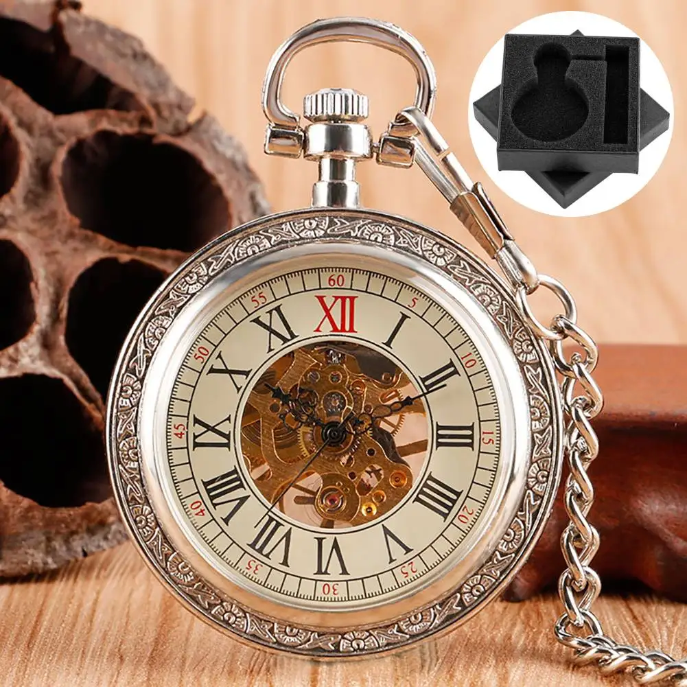 Men's Mechanical Pocket Watch Open Face Roman Numerals Dial FOB Chain Pendant Clock Silver Elegant Vintage Timepiece Gift