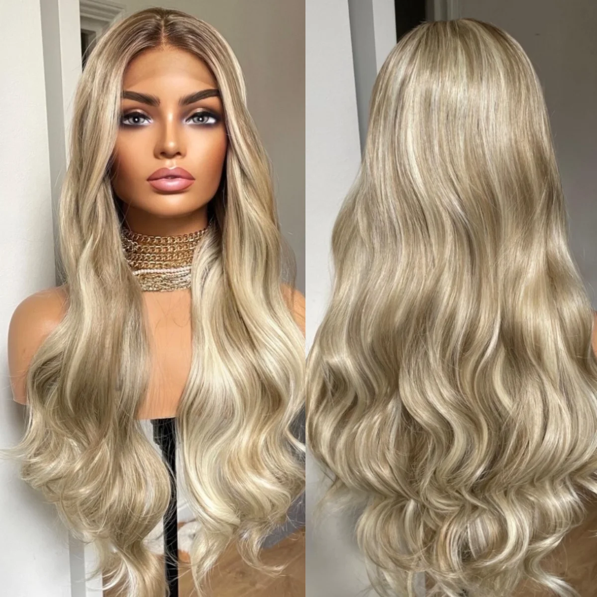 

Белый блондин парик с темными корнями Длинные волнистые синтетические парики фронта шнурка для женщин 13x4 HD Прозрачные парики шнурка Ежедневное использование