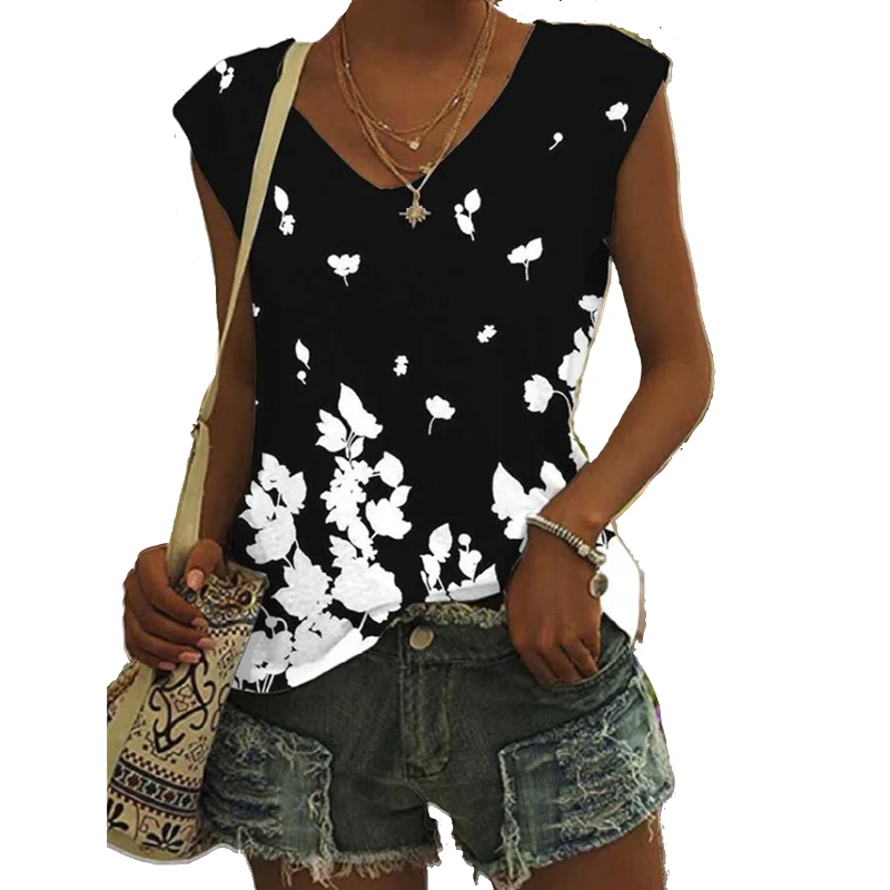 

Blusas Mujer De Moda 2023 Blouse Women Summer Sleeveless Print Blouses Casual Clothes V-neck Tank Tops Shirts Oversized Vest 3XL