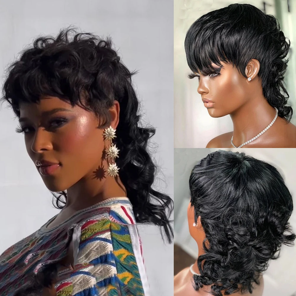 Dovetail Mullet Jerry Curly Brazilian Remy Human Hair Wig With Straight Bangs Short Pixie Cut Layered Full Machine Made Wigs