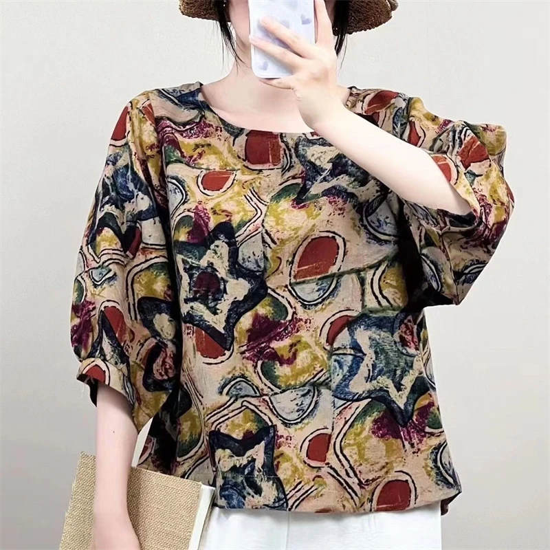 Women Vintage Ethnic Style Print Cotton Linen Blouse Casual Round Neck Three Quarter Sleeve Loose Tops Harajuku Blusas Femininas