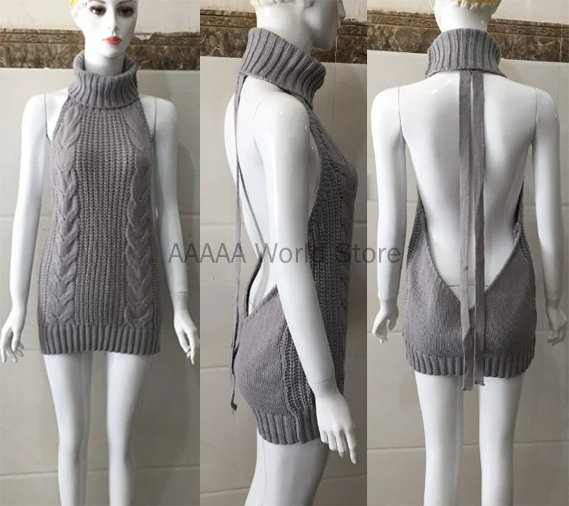 جديد إمرأة مثير عارية الذراعين تأثيري العذراء القاتل سترة الياقة المدورة مفتوحة الصدر الجوف محبوك البلوفرات الخريف البلوزات #5