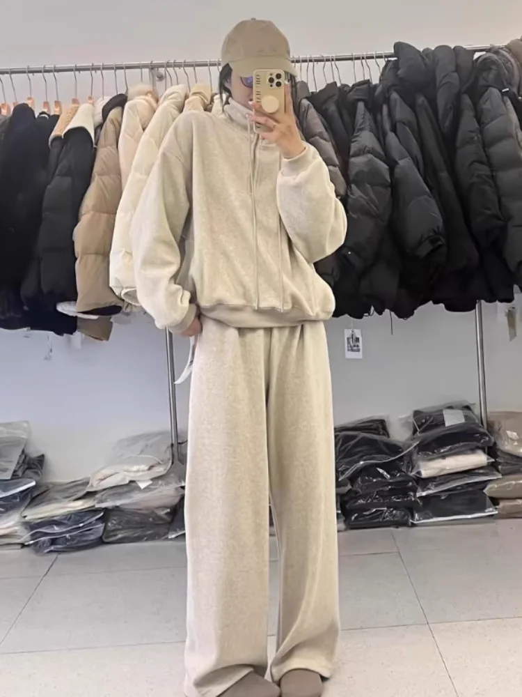 Gola rendas conjuntos femininos casuais moda coreana 2 peças conjunto baggy cordão reto calças de perna larga conjuntos