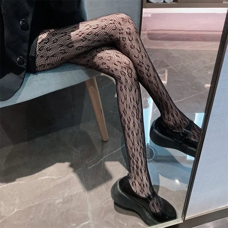 Sexy Leopard Print Fishnet Stockings Woman Cutout Black Tights Transparent Thin Y2K Medias Socks Party Club Pantyhose.