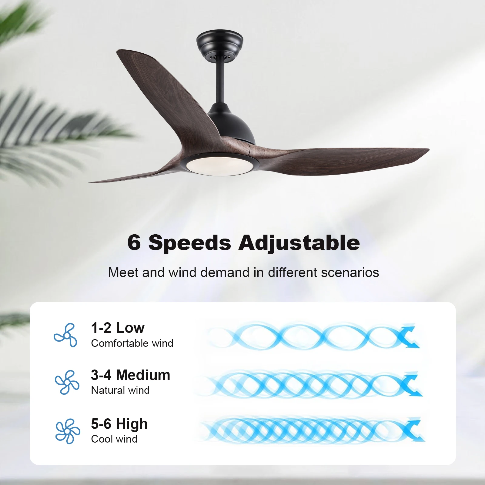 52 Inch Black Modern Ceiling Fans with Lights and Remote Control Dimmable LED 6 Speed Quiet  DC Motor Indoor Outdoor Ceiling Fan image 3