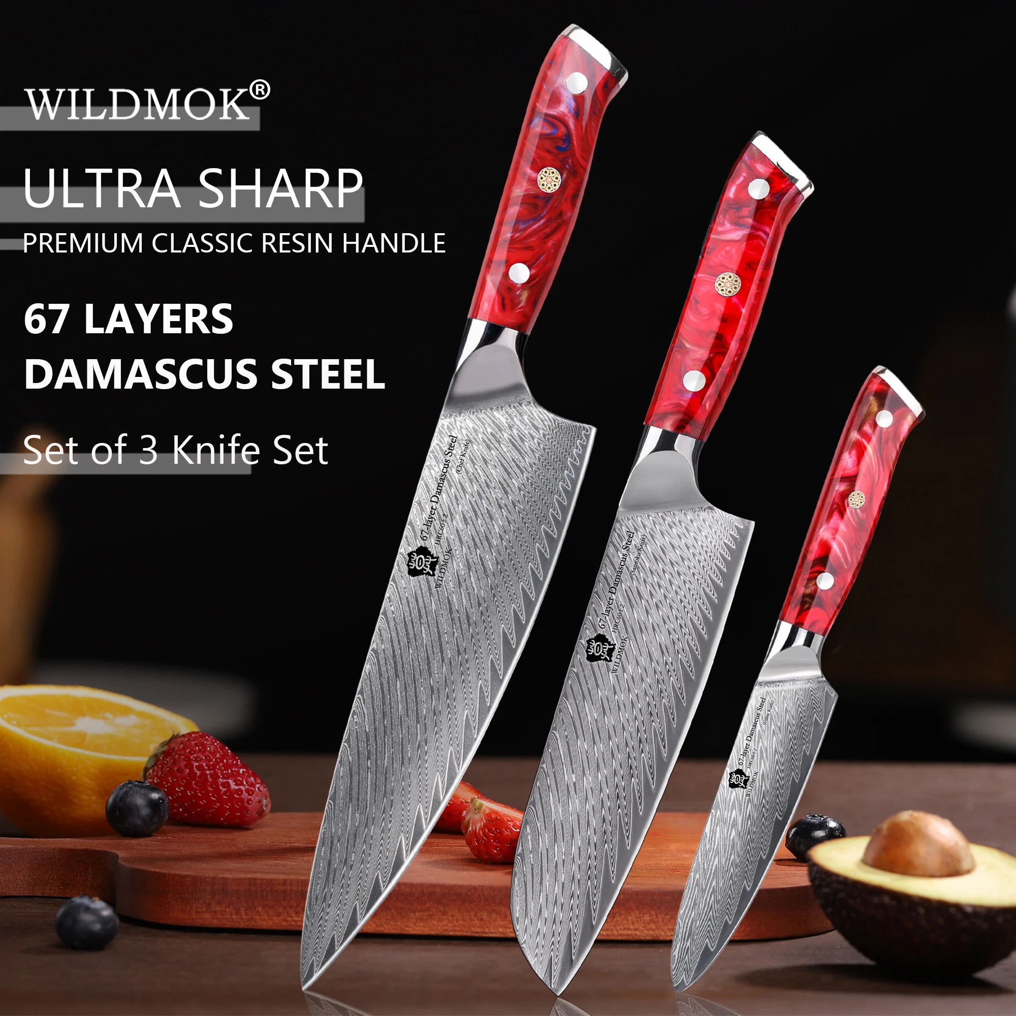 WILDMOK Damascus VG10 Steel Kitchen Chef Knife Set, Damascus Steel Forged Blade Kitchen Knives Set with Ergonomic Resin Handle