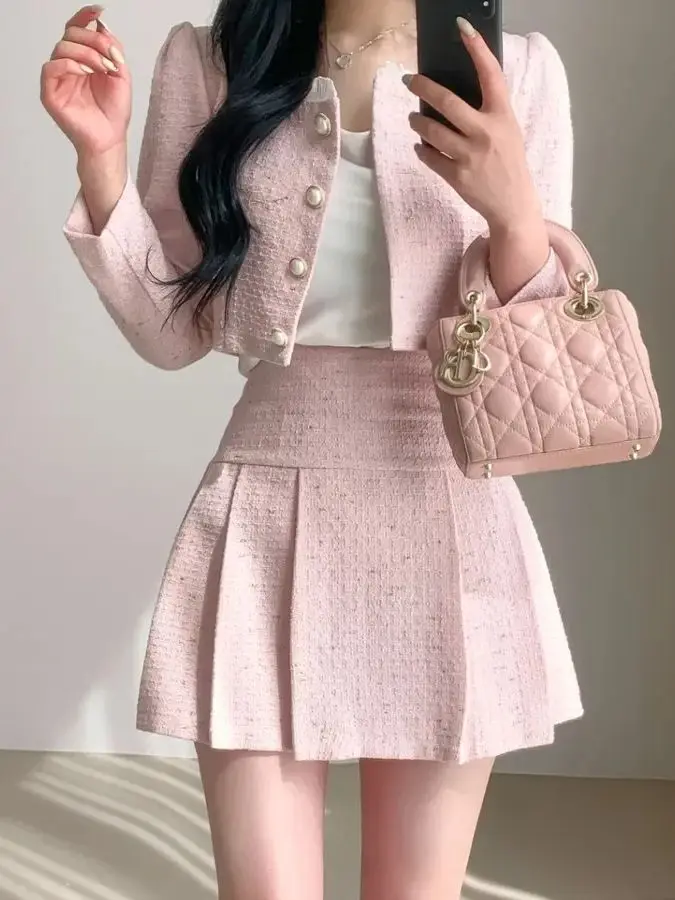 Small Fragrance Two Piece Set High Quality 2024 Spring Women Outfit Short Jacket +High Waist Pleated Skirt 2 Piece Sets